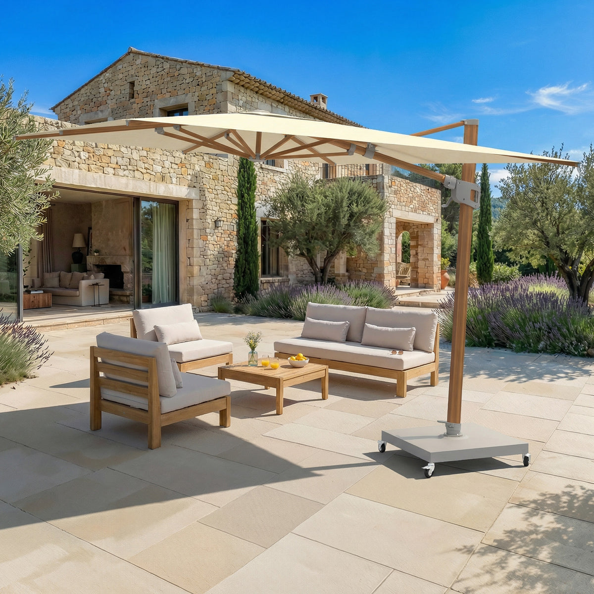 Parasol Déporté Professionnel ELYRA 3 x 3 m – Mât Effet Bois