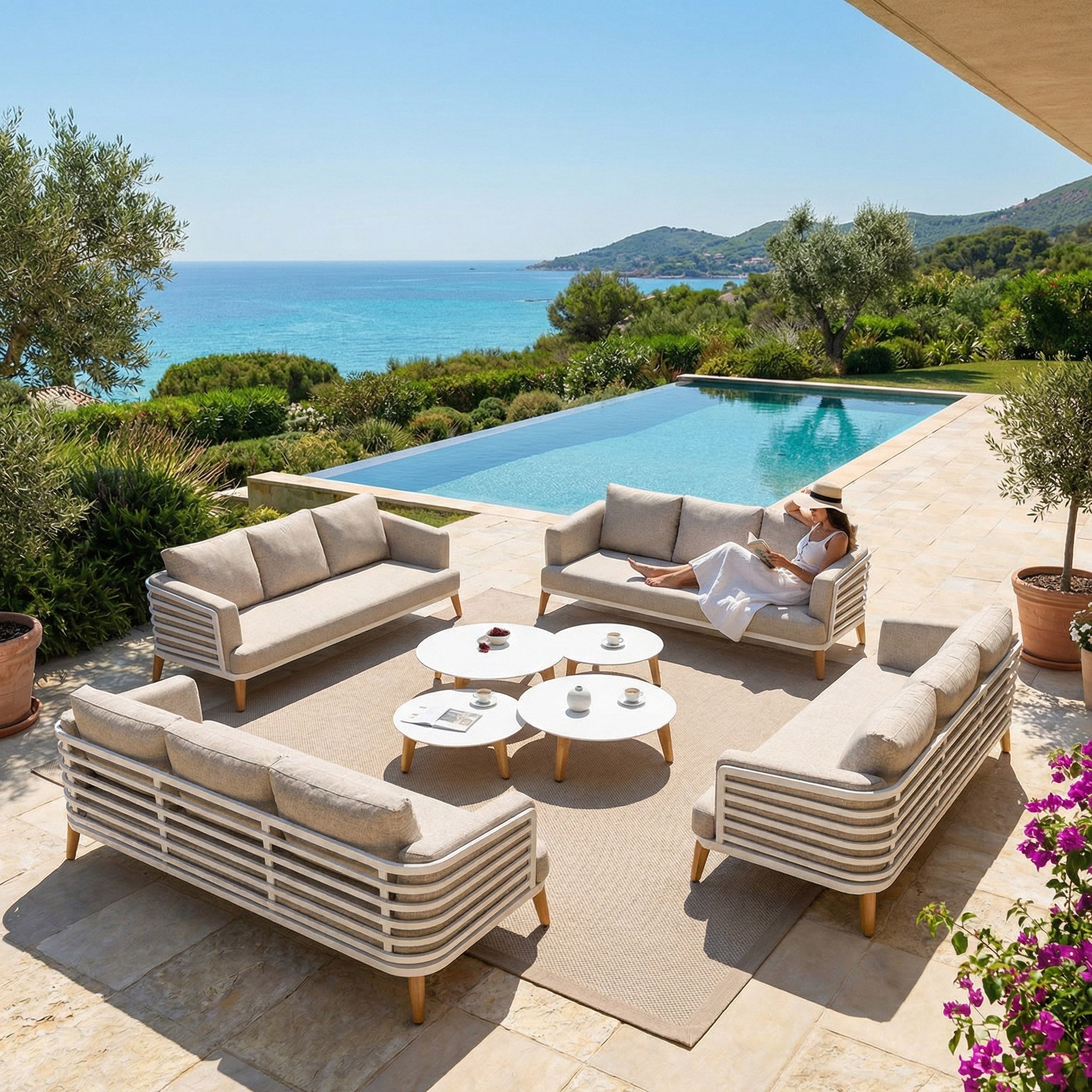 salon de jardin 12 places Monte Carlo haut de gamme en aluminium, très confortable et de très bonne qualité. Structure en blanc et coussins en taupe