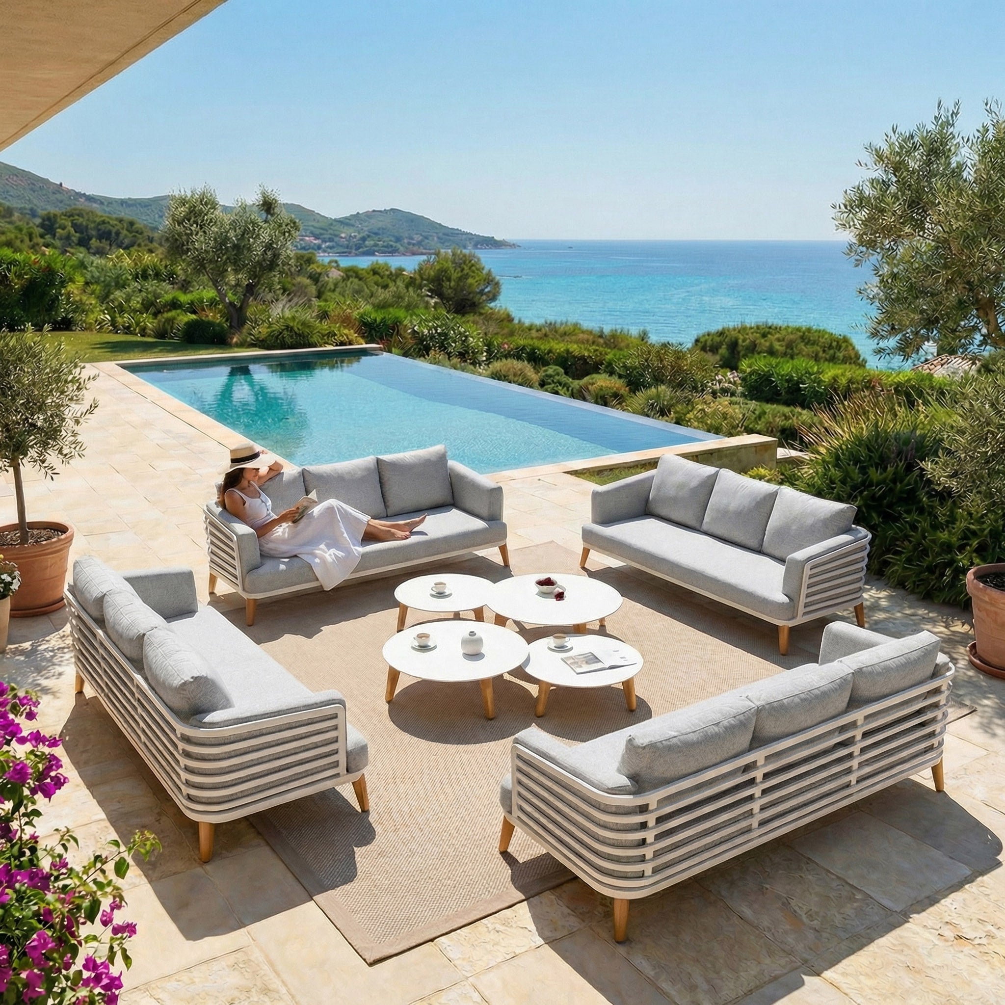 salon de jardin 12 places Monte Carlo en aluminium haut de gamme. structure blanc et coussin en couleur gris clair.