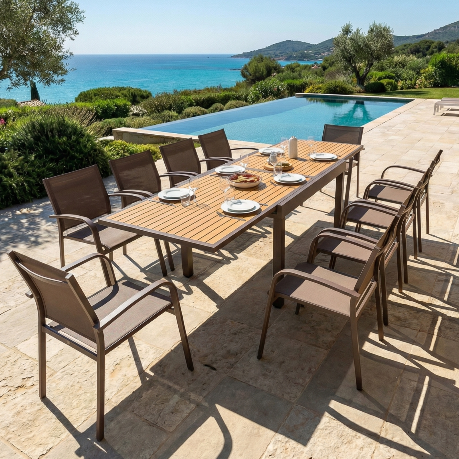 Table de jardin extensible 12 places Aluminium effet bois Murano (200/320 x 100 cm)
