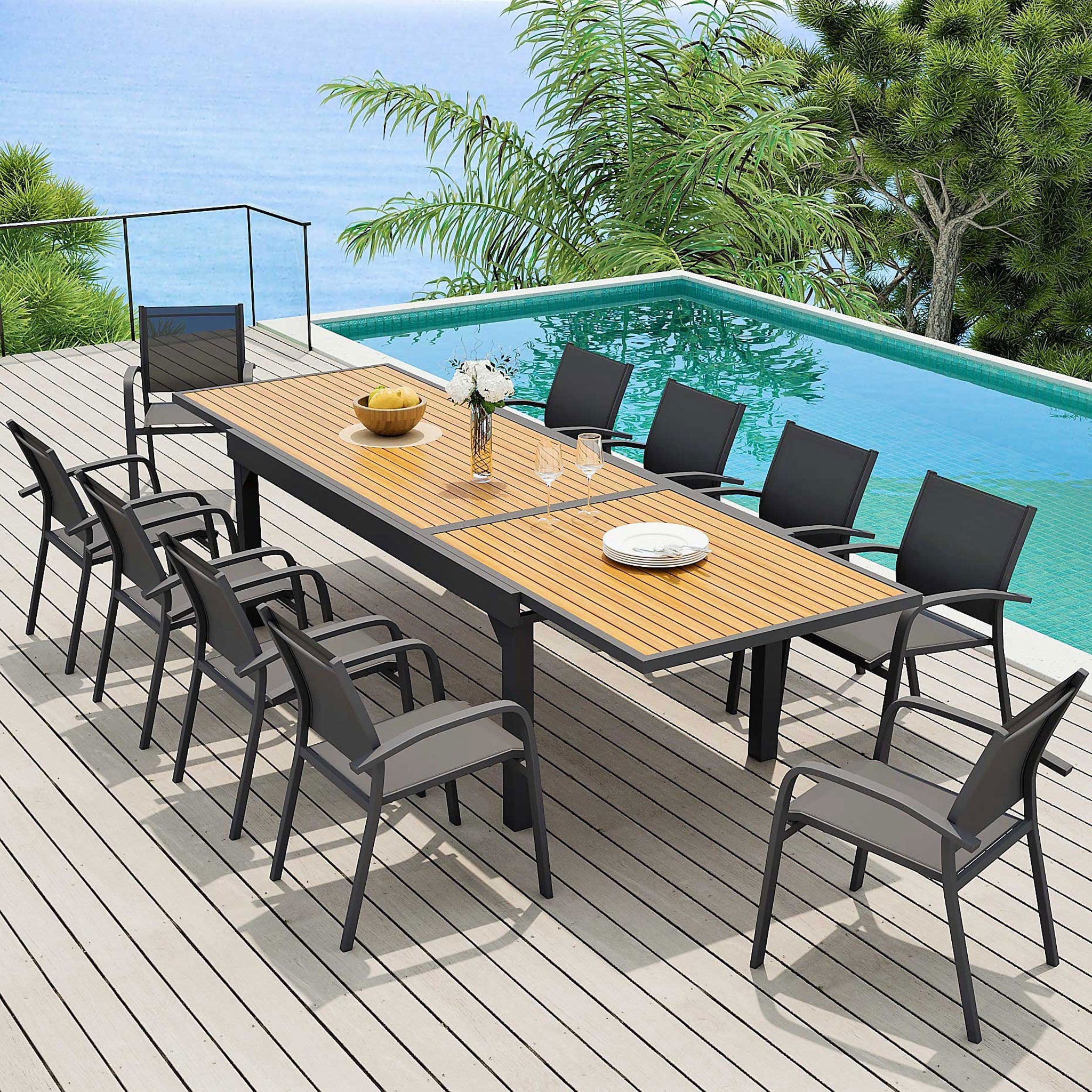 Table de jardin extensible 12 places Aluminium effet bois Murano (200/320 x 100 cm) - Mobellia