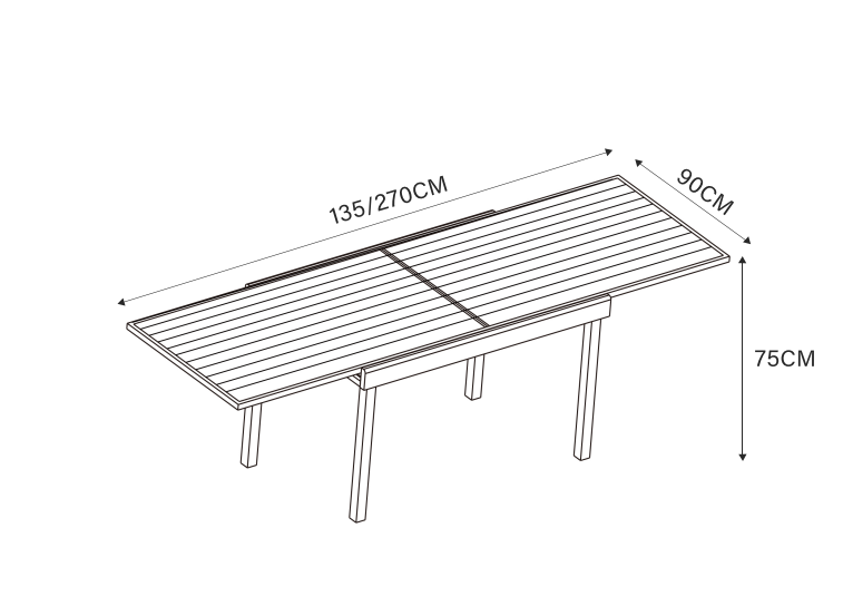 Ausziehbarer Gartentisch für 10 Personen aus Murano Aluminium mit Holzoptik (135/270 x 90 cm)