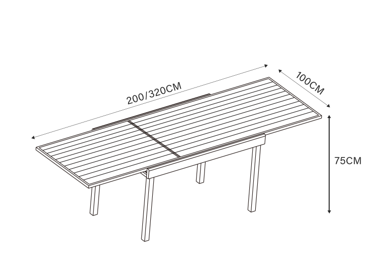 Ausziehbarer Gartentisch für 12 Personen aus Murano Aluminium mit Holzoptik (200/320 x 100 cm)