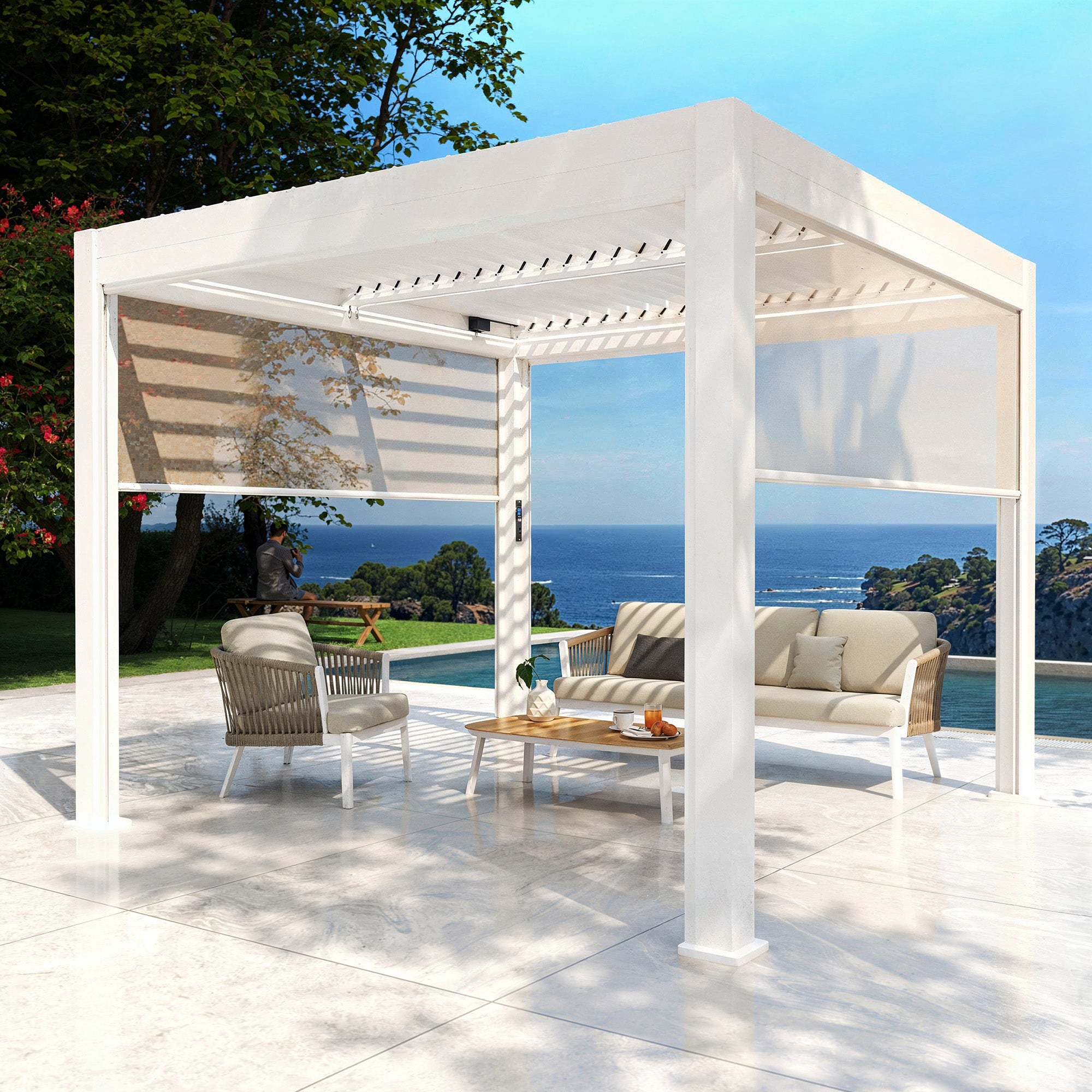 Conjunto de 4 cortinas motorizadas para pérgola 3x3m