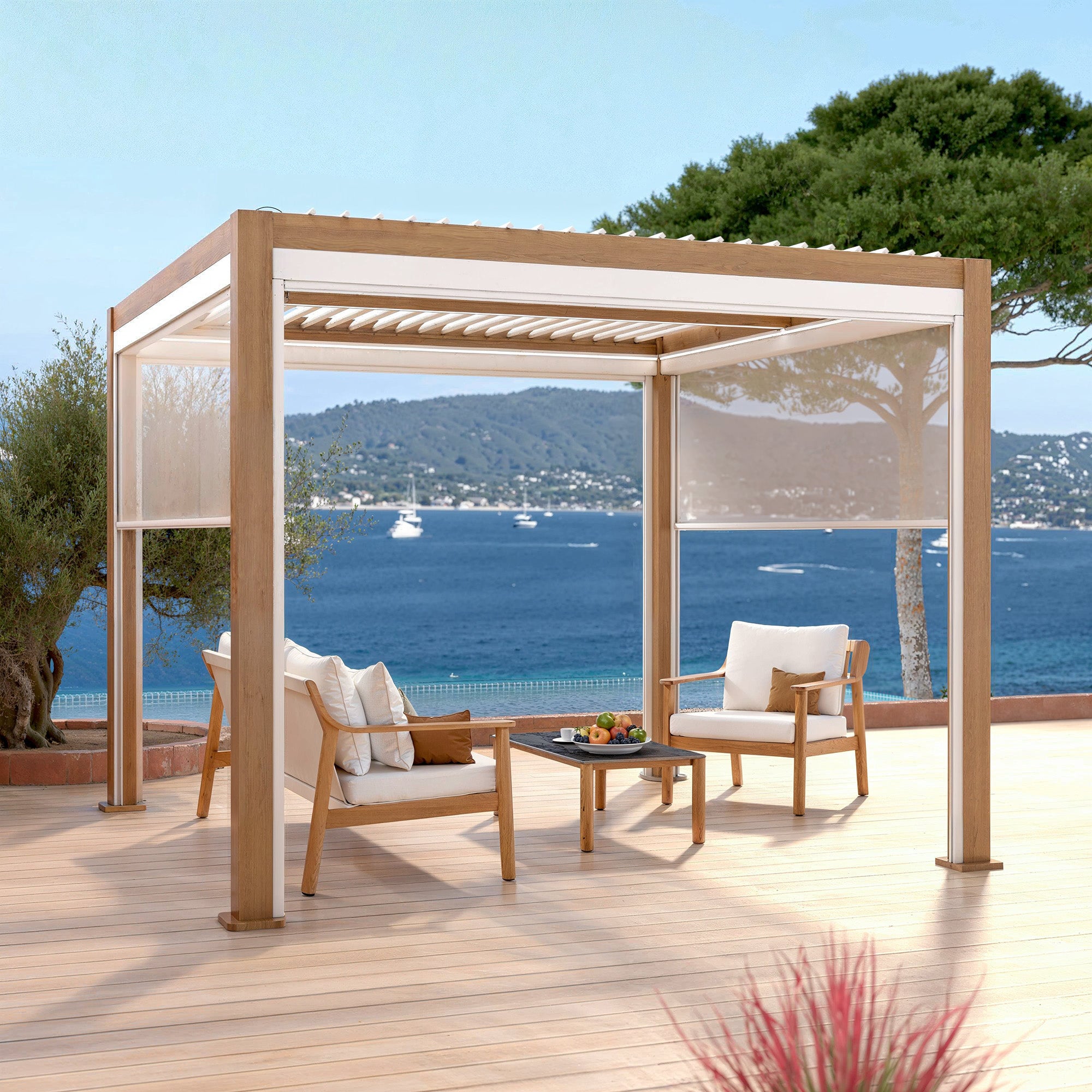Conjunto de 4 cortinas motorizadas para pérgola 3x3m