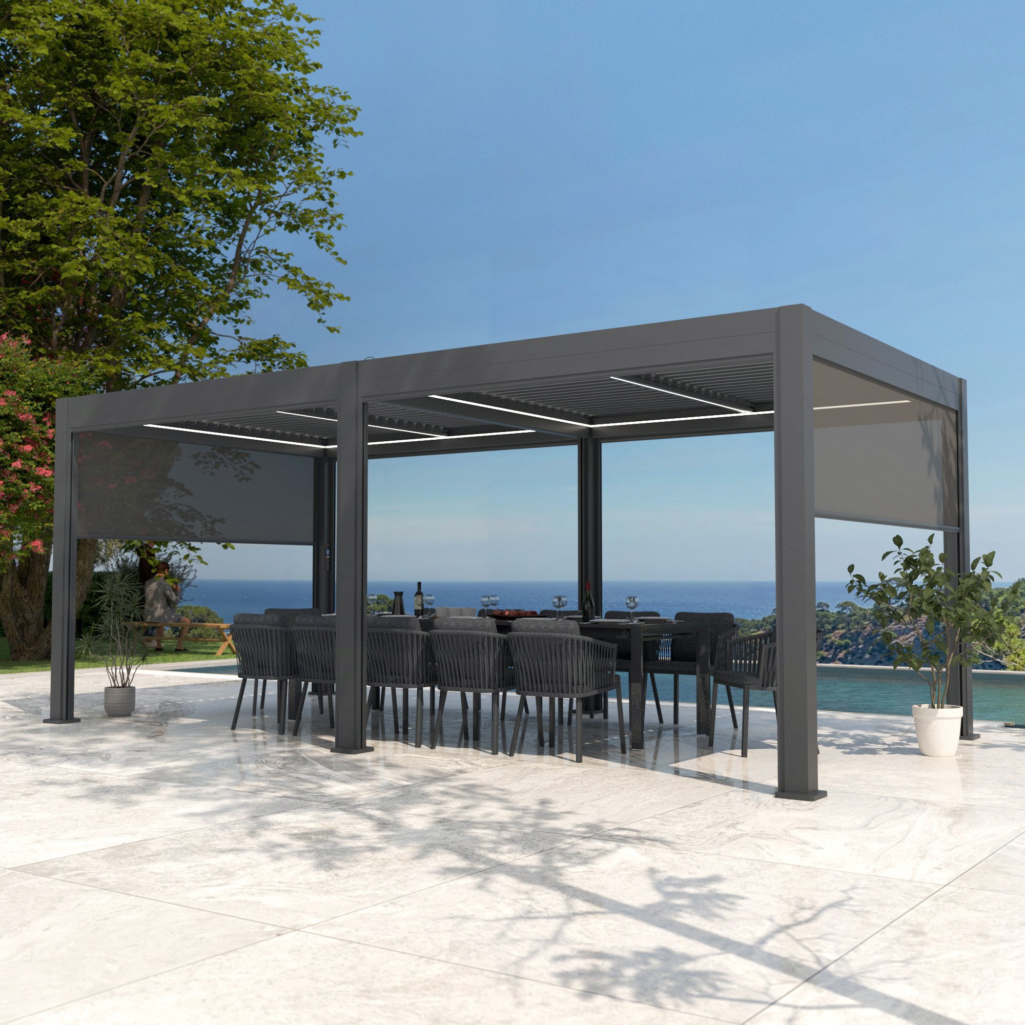Conjunto de 6 cortinas motorizadas para pérgola 3x6 m