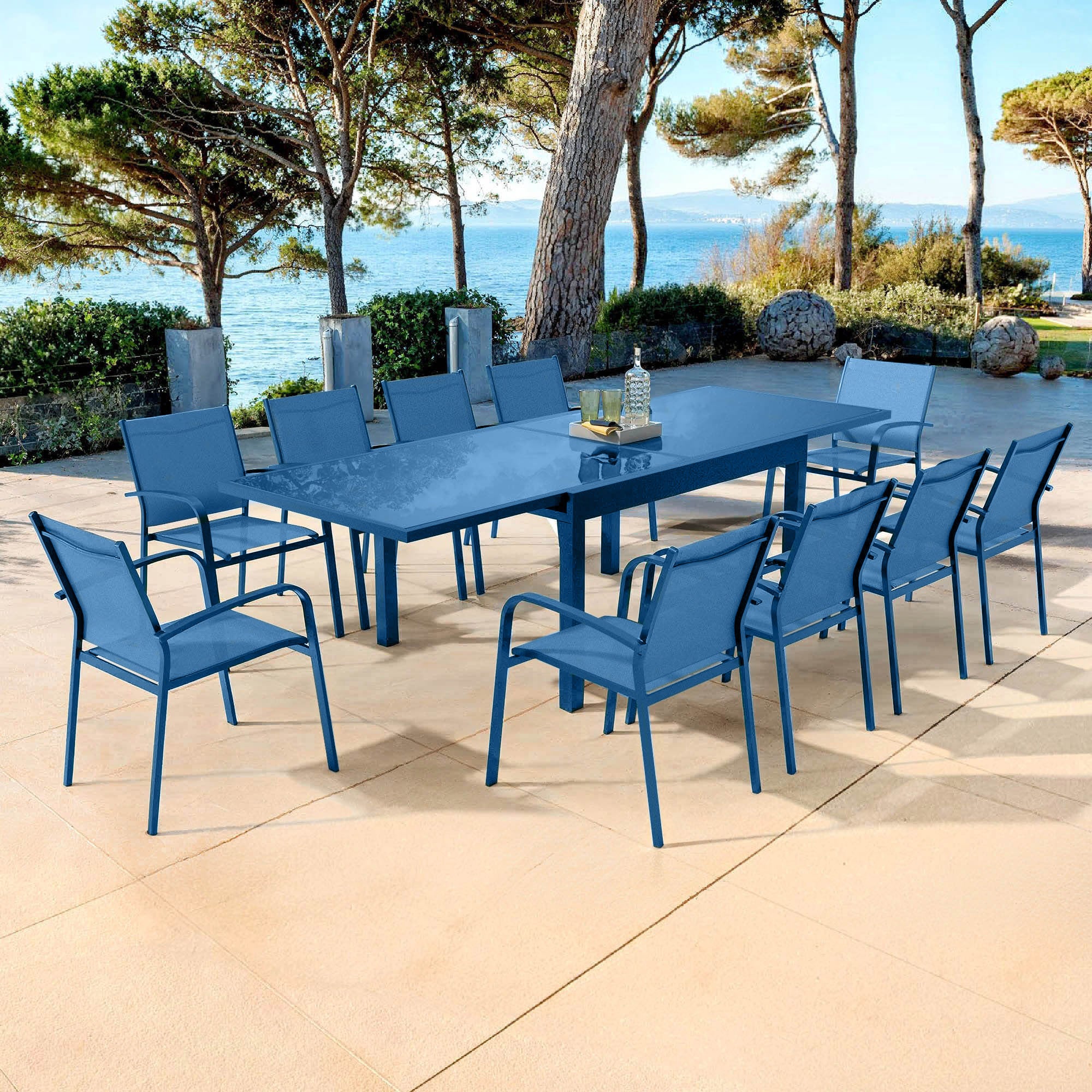 Ausziehbarer Gartentisch für 10 Personen aus Glas Murano (270 x 90 cm)