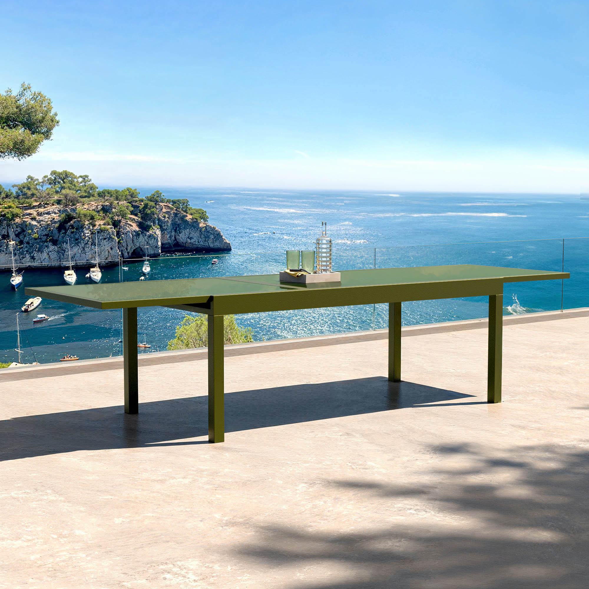 Table de jardin extensible 12 places en verre Murano (320 x 100 cm)