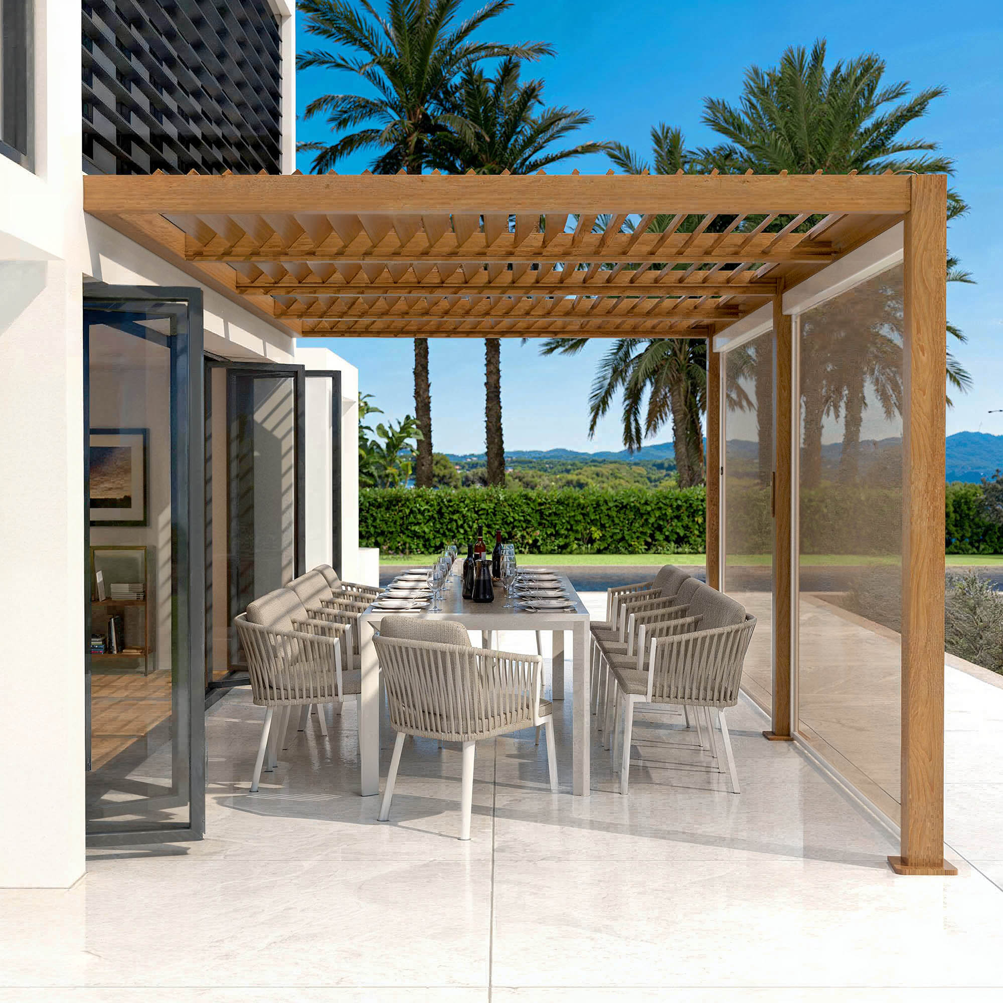 Conjunto de 2 cortinas motorizadas para pérgola bioclimática encostada 3x6 m