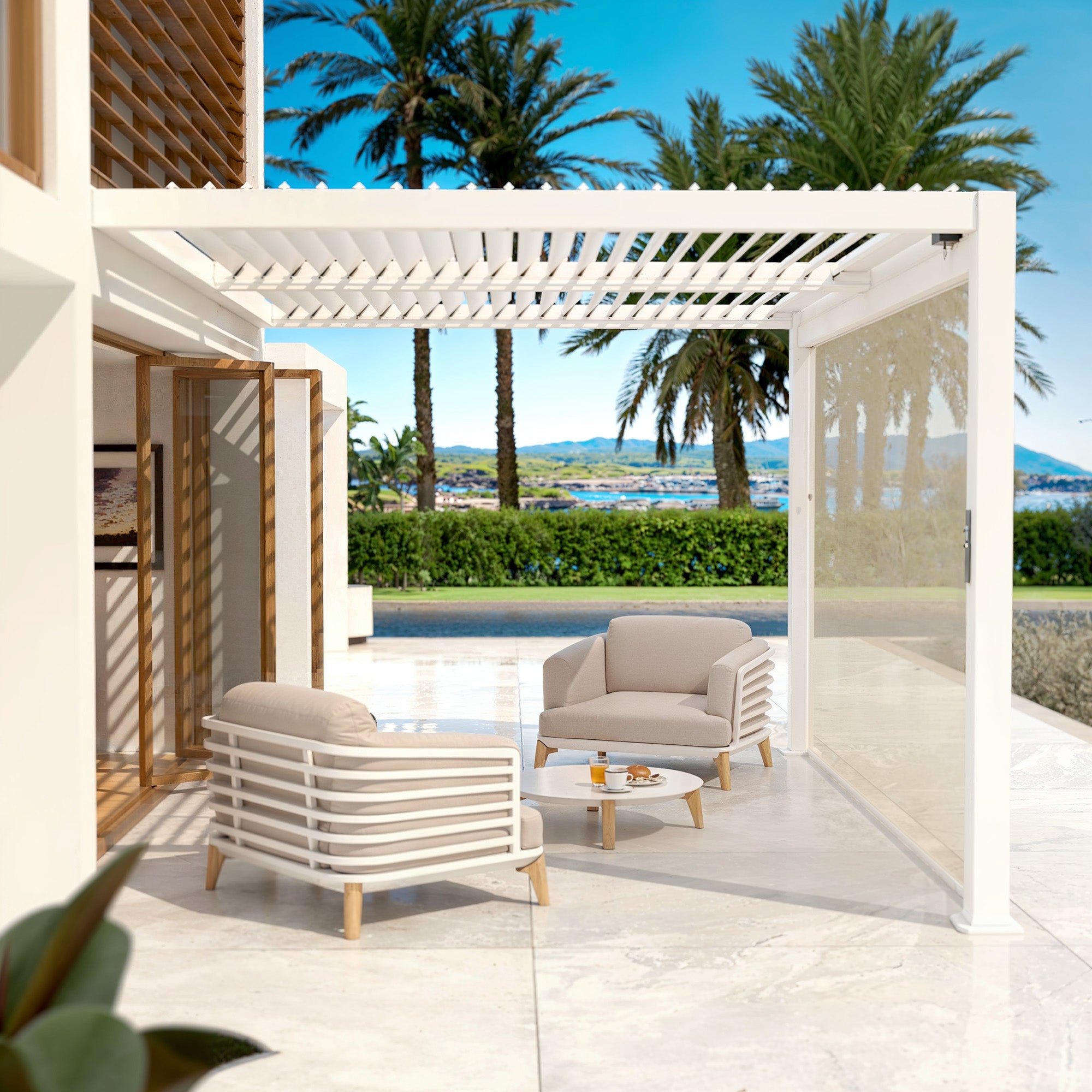 Rideau motorisé pour pergola bioclimatique adossée 3x4