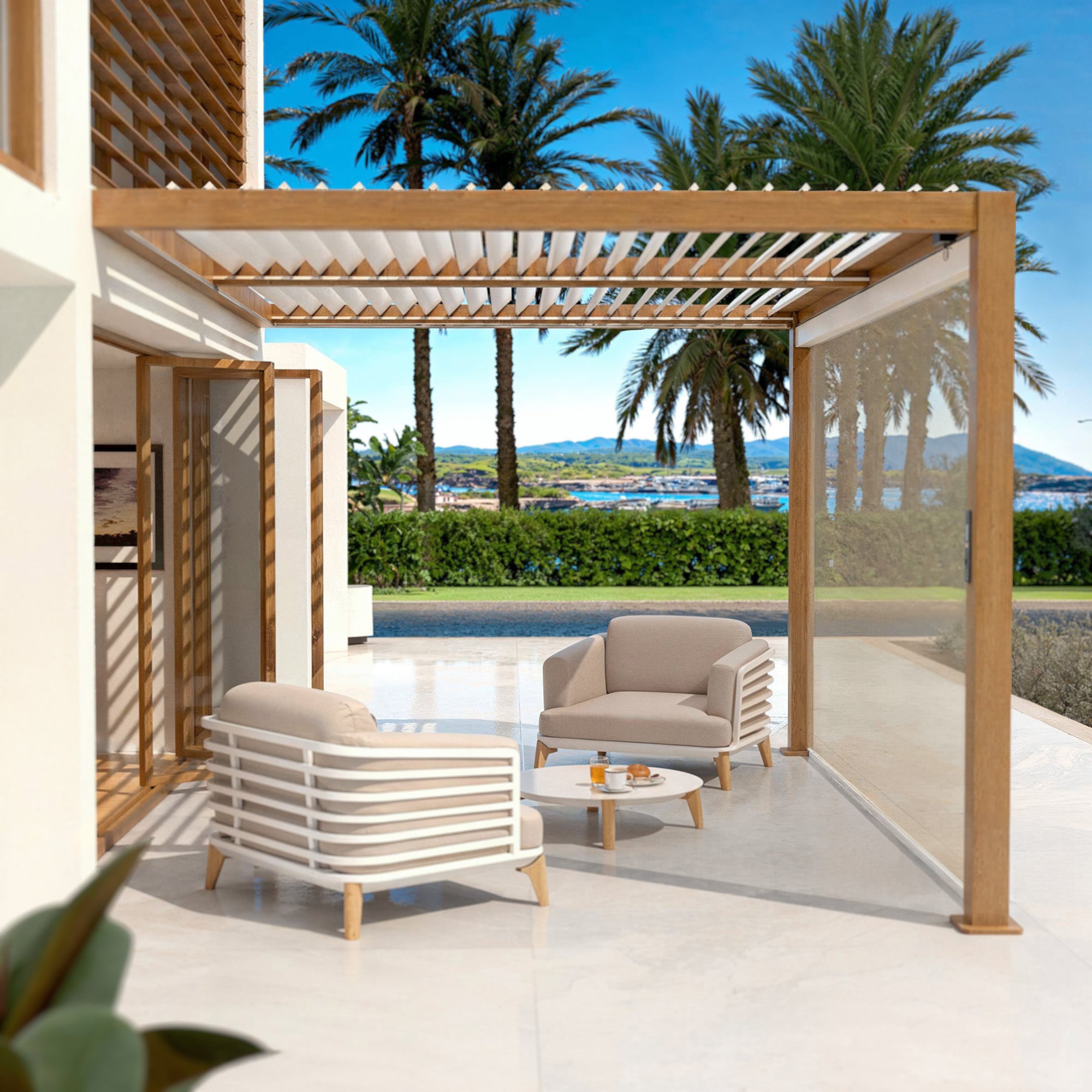 Rideau motorisé pour pergola bioclimatique adossée 3x4