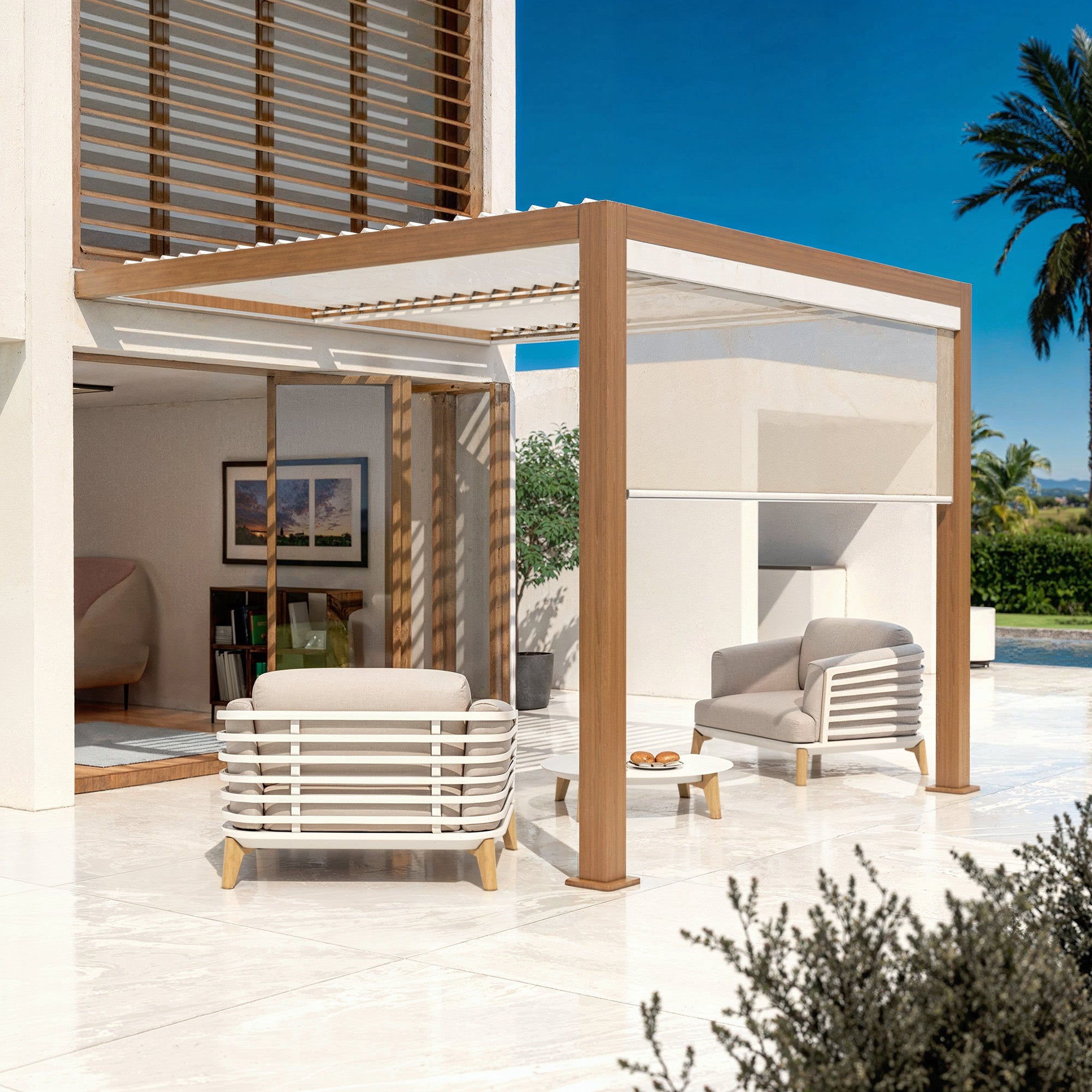 Cortina motorizada para pérgola adosada 3x3 m