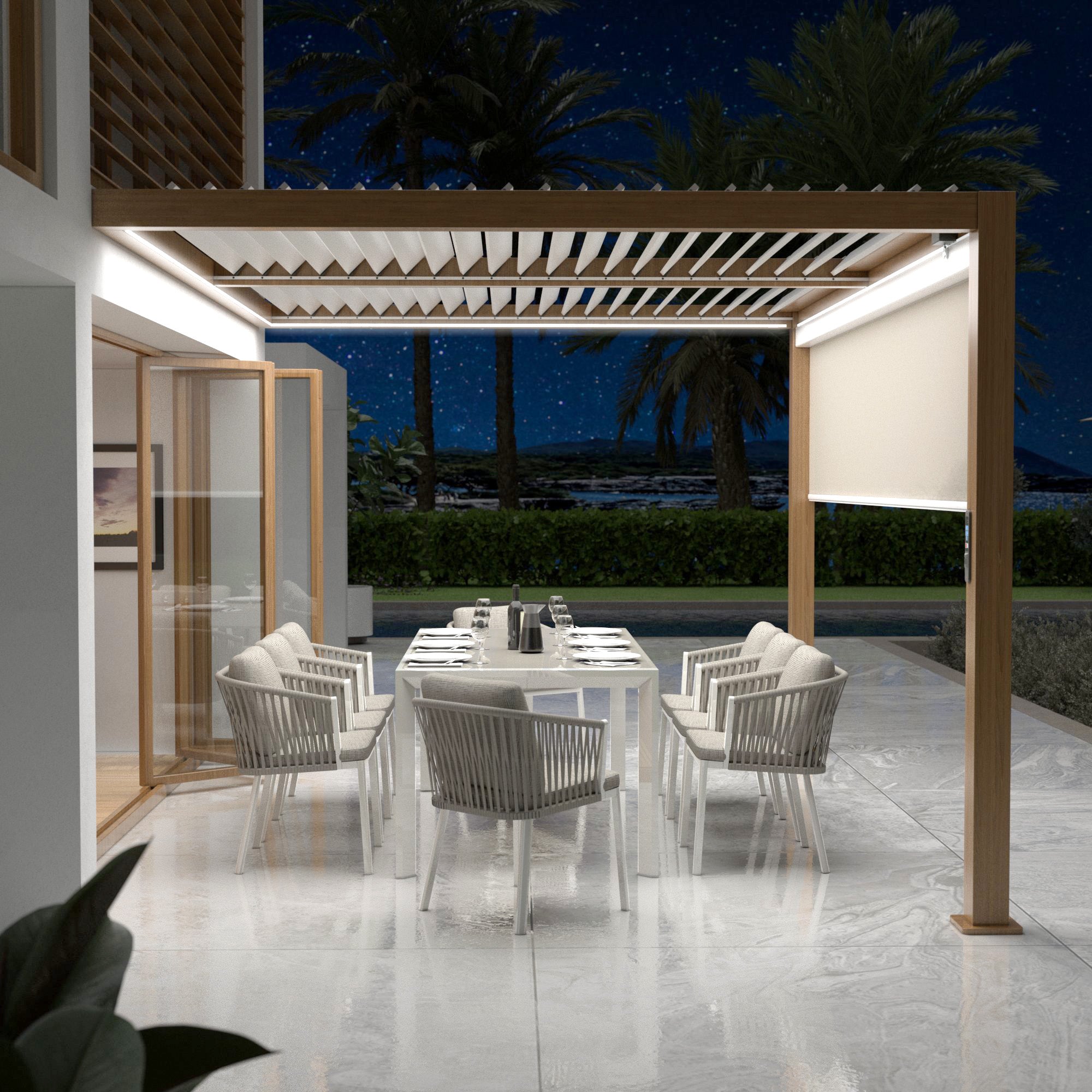 Pérgola bioclimática motorizada y adosada con LED 3x4m