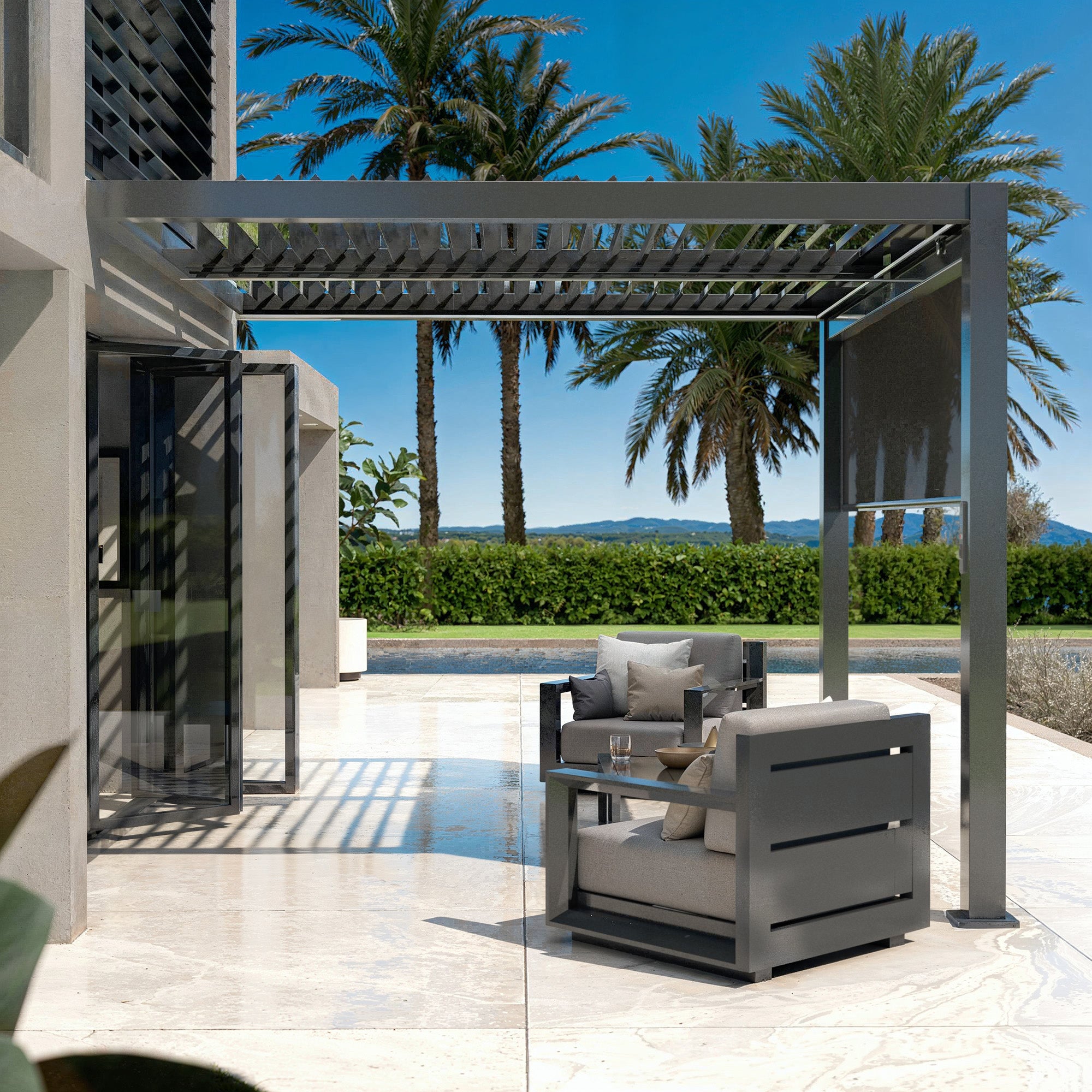 Pergola bioclimatique motorisée et adossée avec LED 3x3m