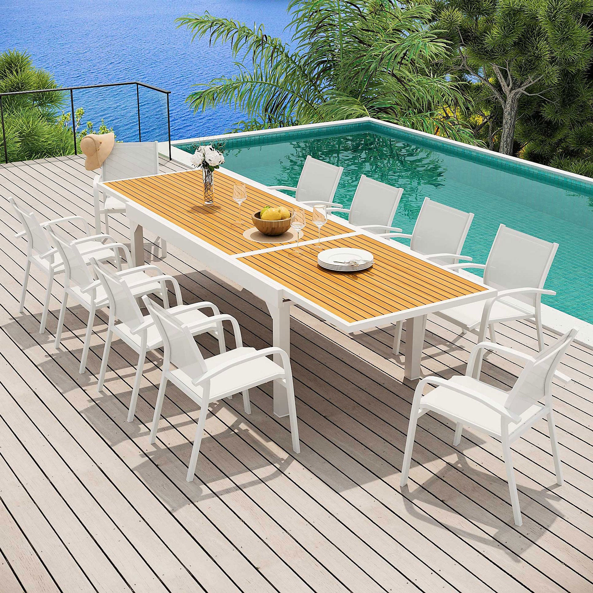 Table de jardin extensible 12 places Aluminium effet bois Murano (200/320 x 100 cm) - Mobellia