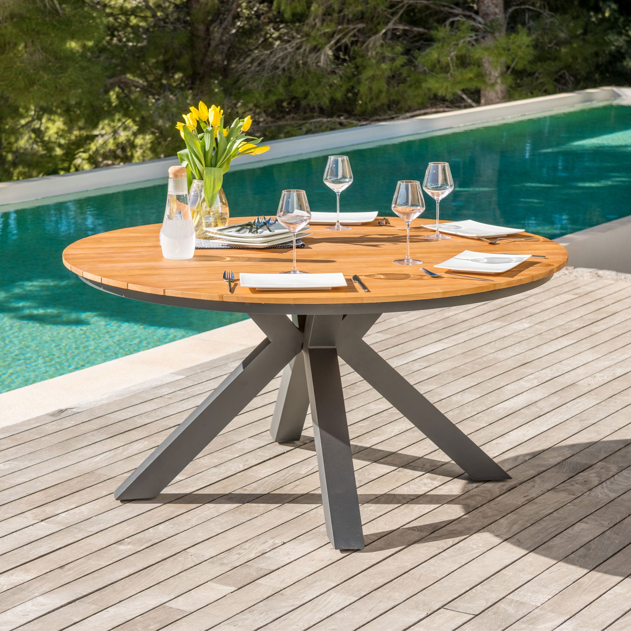 Table de jardin ronde Aluminium/Bois (D140 cm) Bali - Mobellia